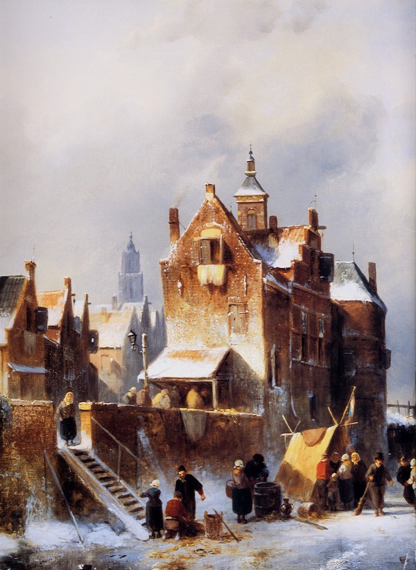 Winterlandscape with figures by Charles Henri Joseph Leickert